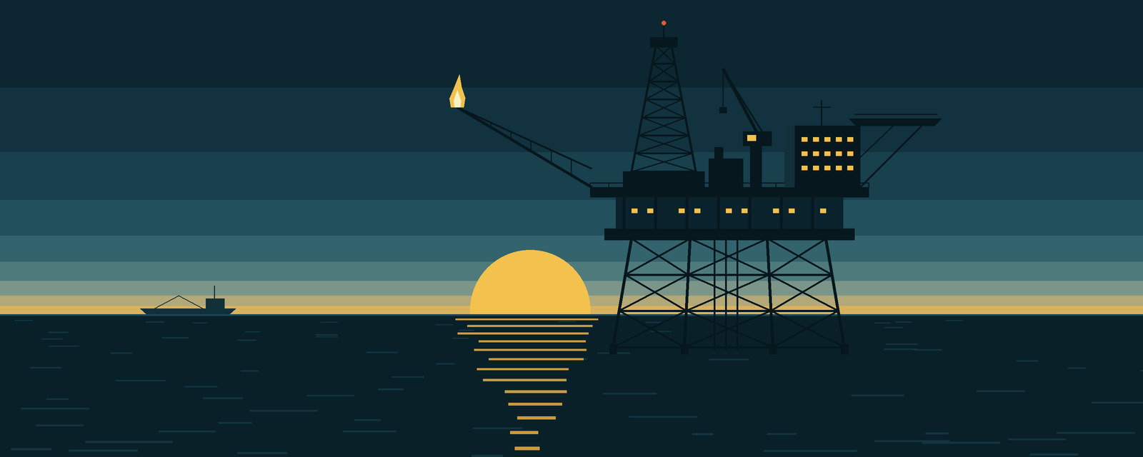 An offshore production platform at dusk, with a supply vessel on the horizon
