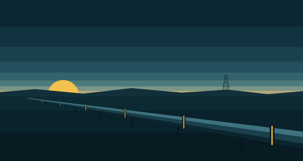 A pipeline running across open country towards a distant rig