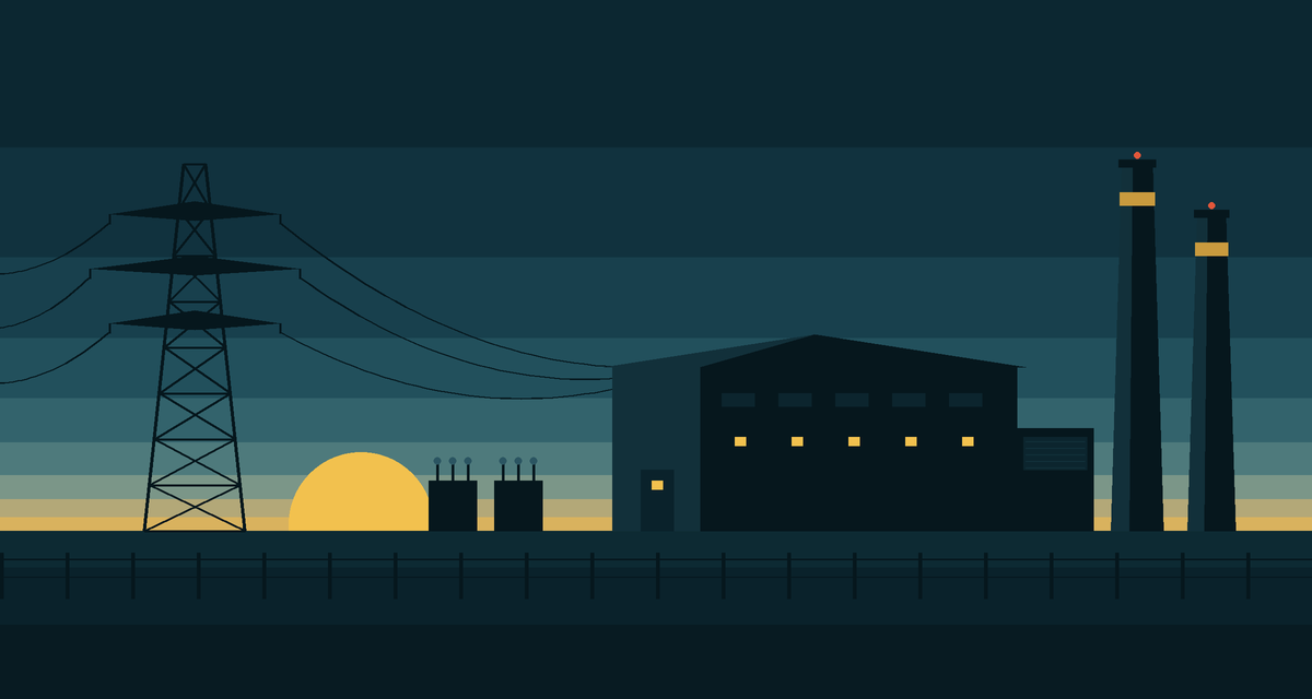 A gas-fired power plant with exhaust stacks and a transmission pylon